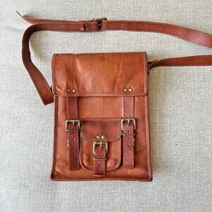 Vintage leather cross body messenger bag brass buckles Men's